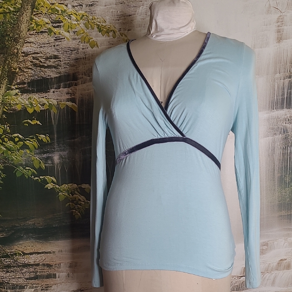 Tommy Hilfiger Womens Large Baby Blue Wrap Long Sleeve Bodycon Stretch Top